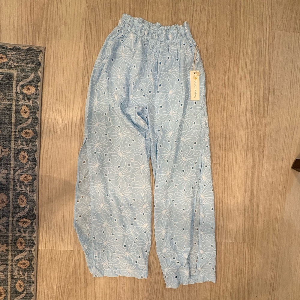 Ocean Drive Blue Eyelet Split Hem pants